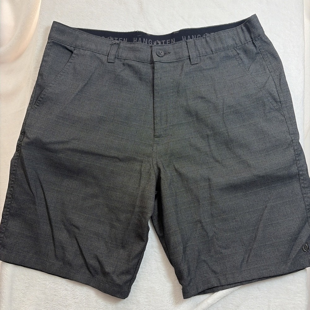 Hang Ten Mens Shorts Size38 Black/plaid Chino Flat Front Pockets Polyester Blend